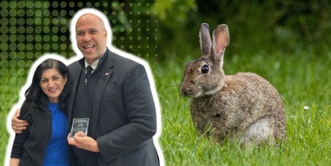 Sen. Booker with Alka holding the Leadership award superimposed next to a photo of a rabbit