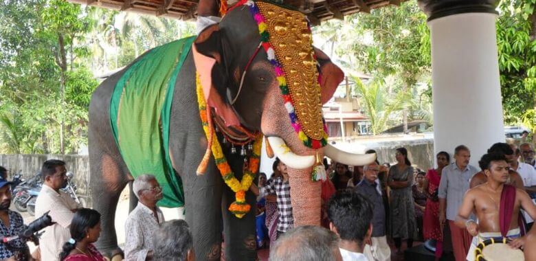 A mechanical elephant surrounded by people