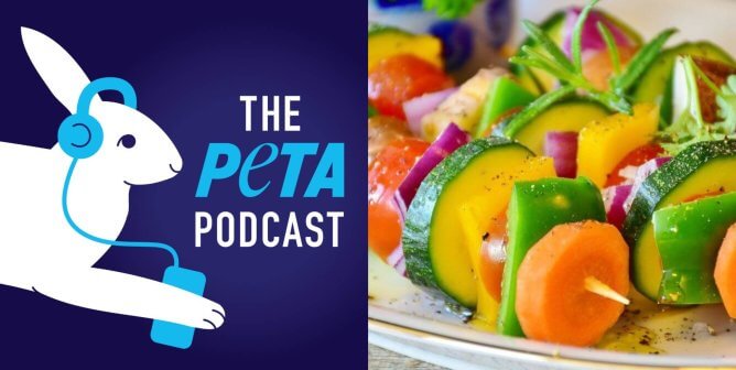 PETA podcast logo with vegetable skewers